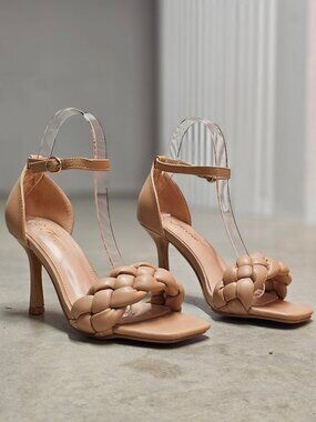 Braided Strap Nude Heels With Adjustable Ankle Strap & Square Toe Design - Styli